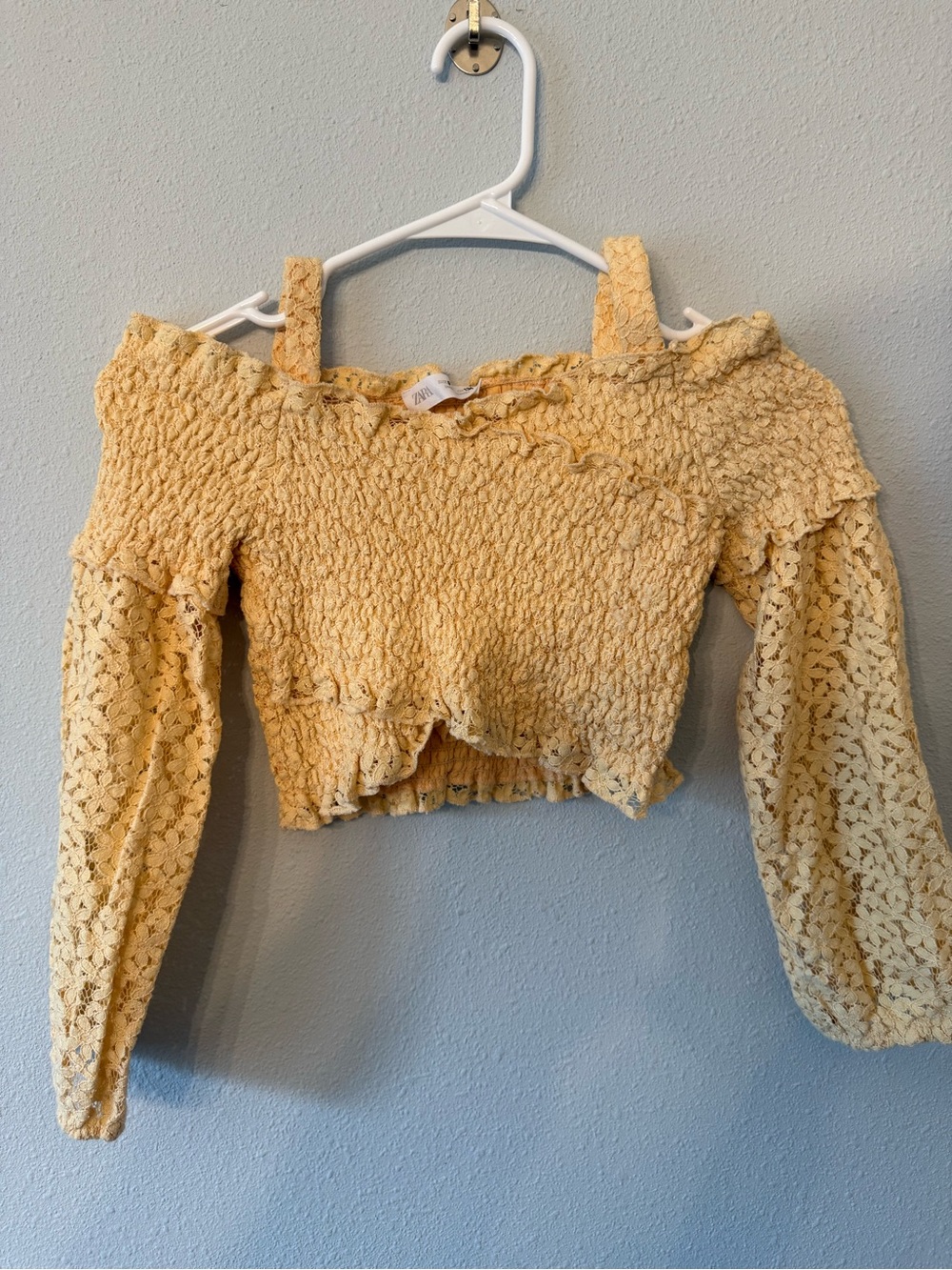 Zara Pale Yellow Smocked Off-Shoulder Lace Sleeve Crop Top